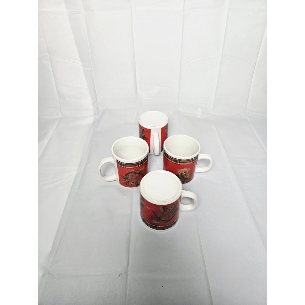 Set Of 4 Teddy Bears With Plaid Wrapping Paper Coffee Tea Mugs - Picture 2 of 5